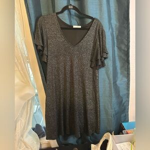 Dear Apple Black and Silver A-Line Dress with Flutter Sleeves.